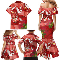 Hawaiian and Japanese Culture Together Family Matching Mermaid Dress and Hawaiian Shirt Red Ohia Lehua Plumeria and Sakura Blooming LT03 - Polynesian Pride