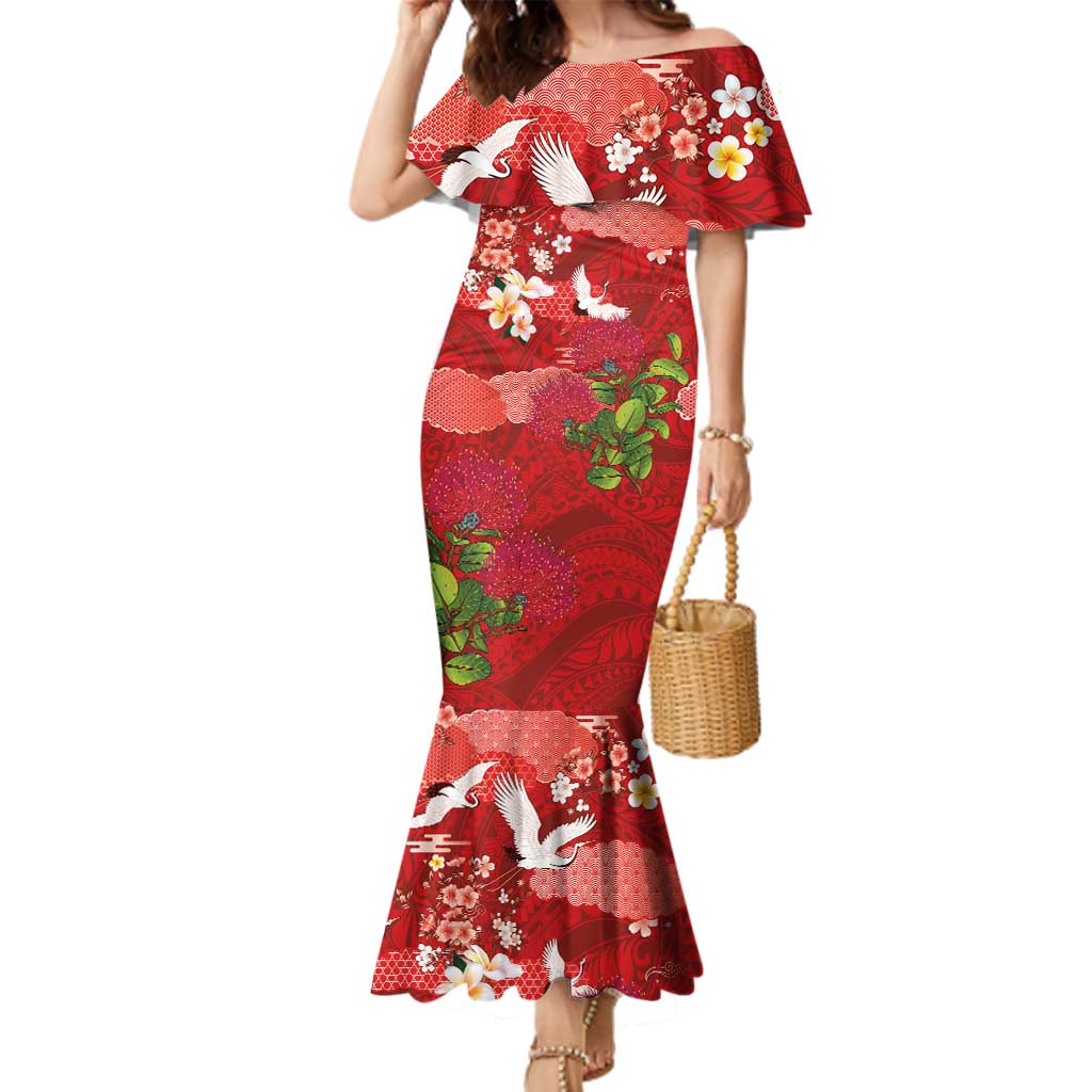 Hawaiian and Japanese Culture Together Family Matching Mermaid Dress and Hawaiian Shirt Red Ohia Lehua Plumeria and Sakura Blooming LT03 Mom's Dress Red - Polynesian Pride