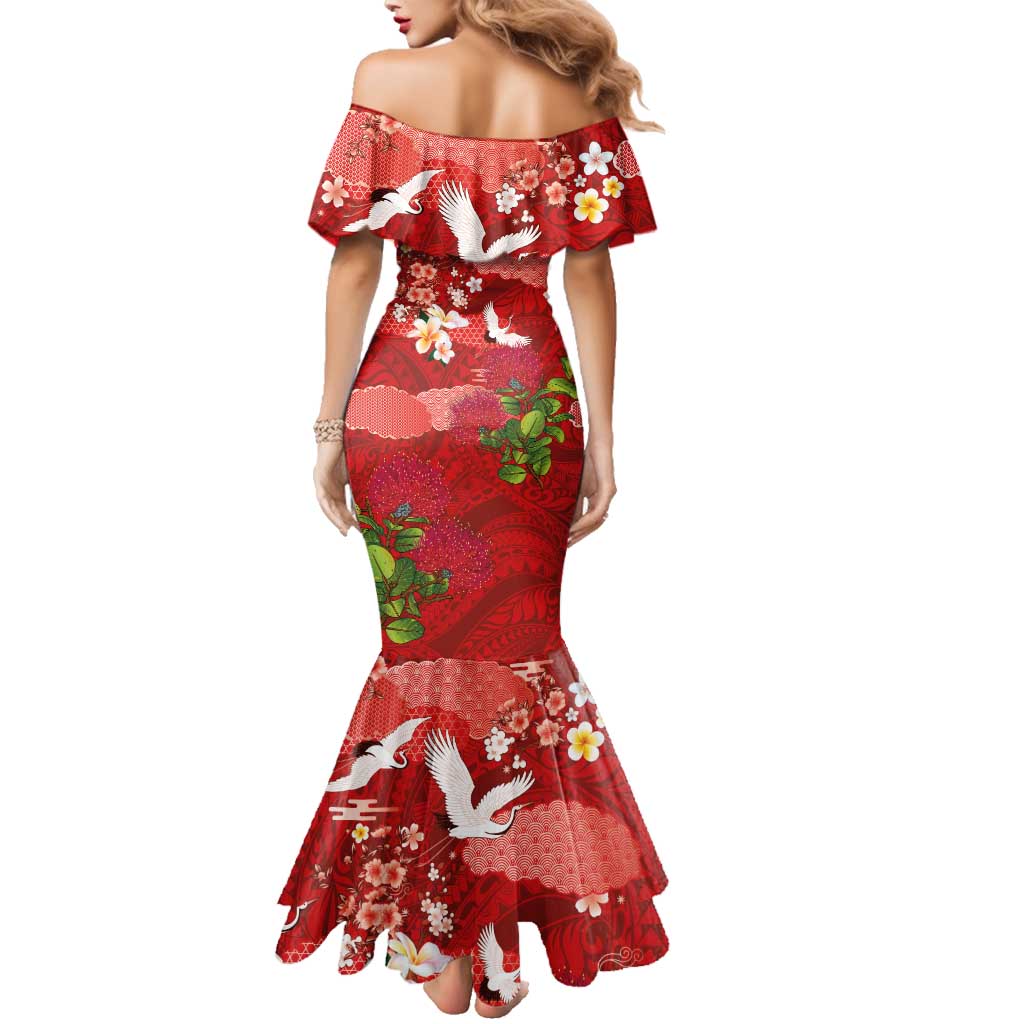 Hawaiian and Japanese Culture Together Family Matching Mermaid Dress and Hawaiian Shirt Red Ohia Lehua Plumeria and Sakura Blooming LT03 - Polynesian Pride