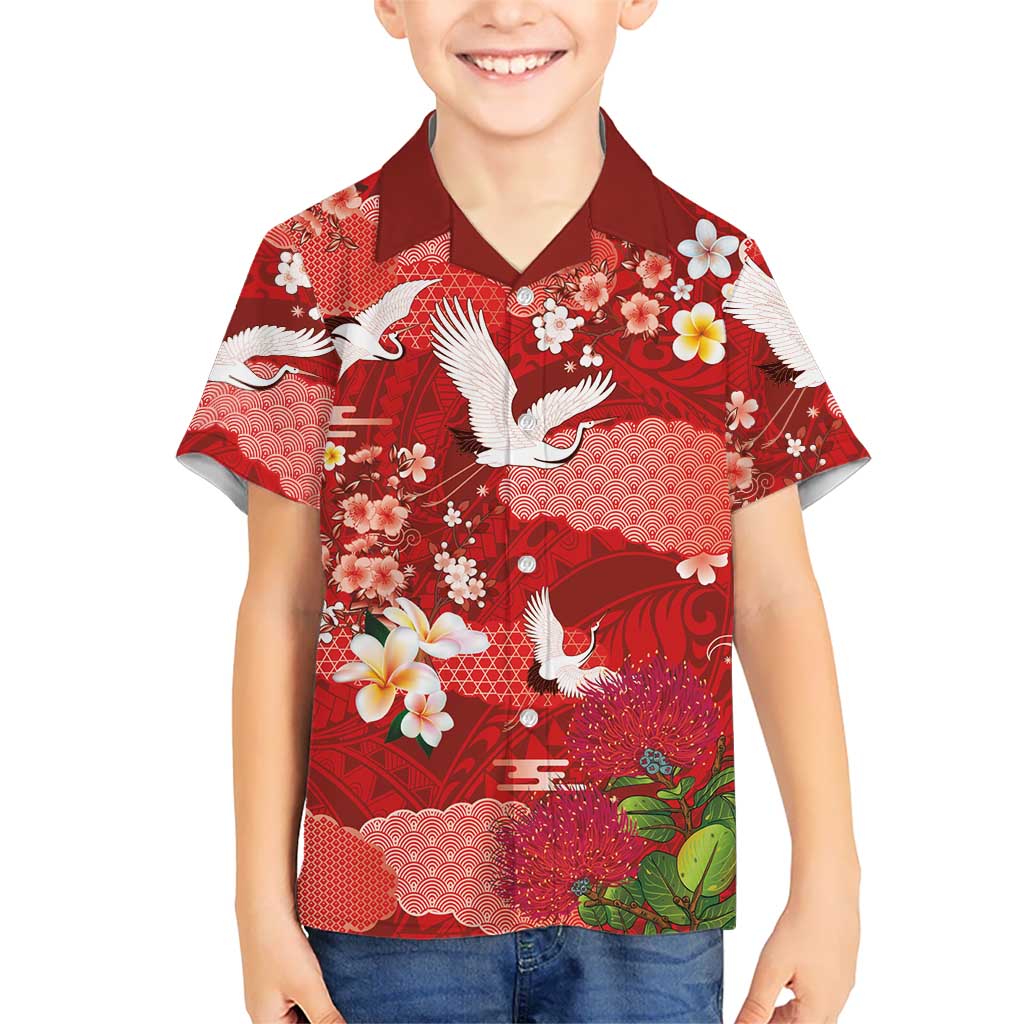 Hawaiian and Japanese Culture Together Family Matching Mermaid Dress and Hawaiian Shirt Red Ohia Lehua Plumeria and Sakura Blooming LT03 Son's Shirt Red - Polynesian Pride