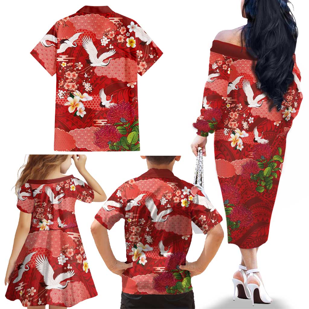 Hawaiian and Japanese Culture Together Family Matching Off The Shoulder Long Sleeve Dress and Hawaiian Shirt Red Ohia Lehua Plumeria and Sakura Blooming - Polynesian Pride