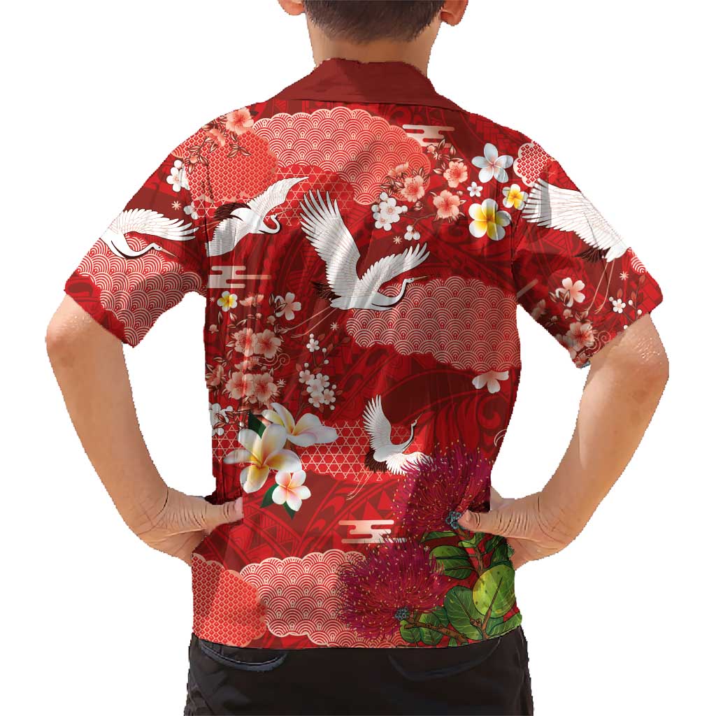 Hawaiian and Japanese Culture Together Family Matching Off Shoulder Maxi Dress and Hawaiian Shirt Red Ohia Lehua Plumeria and Sakura Blooming LT03 - Polynesian Pride