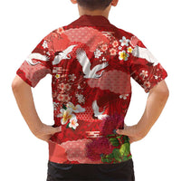 Hawaiian and Japanese Culture Together Family Matching Off Shoulder Maxi Dress and Hawaiian Shirt Red Ohia Lehua Plumeria and Sakura Blooming LT03 - Polynesian Pride