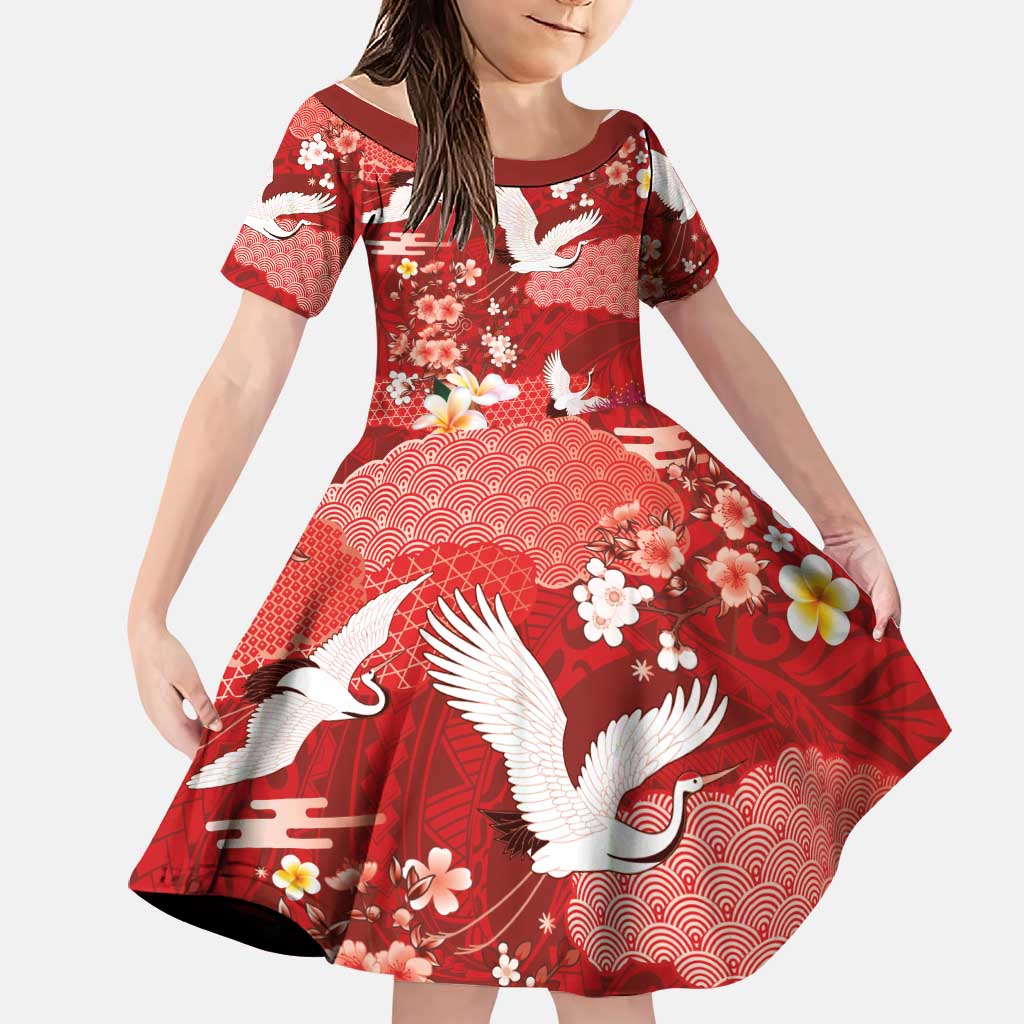 Hawaiian and Japanese Culture Together Family Matching Off Shoulder Maxi Dress and Hawaiian Shirt Red Ohia Lehua Plumeria and Sakura Blooming LT03 Daughter's Dress Red - Polynesian Pride