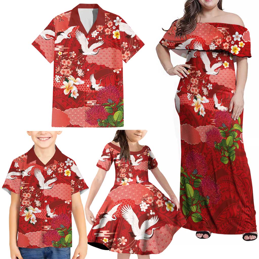 Hawaiian and Japanese Culture Together Family Matching Off Shoulder Maxi Dress and Hawaiian Shirt Red Ohia Lehua Plumeria and Sakura Blooming LT03 - Polynesian Pride