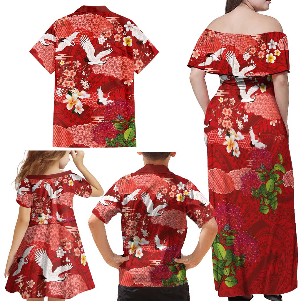 Hawaiian and Japanese Culture Together Family Matching Off Shoulder Maxi Dress and Hawaiian Shirt Red Ohia Lehua Plumeria and Sakura Blooming LT03 - Polynesian Pride