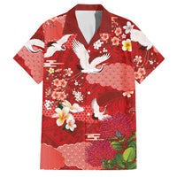 Hawaiian and Japanese Culture Together Family Matching Off Shoulder Maxi Dress and Hawaiian Shirt Red Ohia Lehua Plumeria and Sakura Blooming LT03 Dad's Shirt - Short Sleeve Red - Polynesian Pride