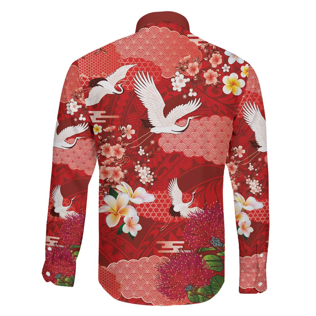 Hawaiian and Japanese Culture Together Family Matching Off Shoulder Maxi Dress and Hawaiian Shirt Red Ohia Lehua Plumeria and Sakura Blooming LT03 - Polynesian Pride