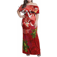 Hawaiian and Japanese Culture Together Family Matching Off Shoulder Maxi Dress and Hawaiian Shirt Red Ohia Lehua Plumeria and Sakura Blooming LT03 Mom's Dress Red - Polynesian Pride