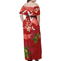 Hawaiian and Japanese Culture Together Family Matching Off Shoulder Maxi Dress and Hawaiian Shirt Red Ohia Lehua Plumeria and Sakura Blooming LT03 - Polynesian Pride