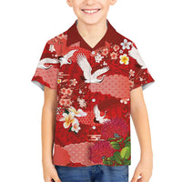 Hawaiian and Japanese Culture Together Family Matching Off Shoulder Maxi Dress and Hawaiian Shirt Red Ohia Lehua Plumeria and Sakura Blooming LT03 Son's Shirt Red - Polynesian Pride