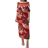 Hawaiian and Japanese Culture Together Family Matching Puletasi and Hawaiian Shirt Red Ohia Lehua Plumeria and Sakura Blooming - Polynesian Pride