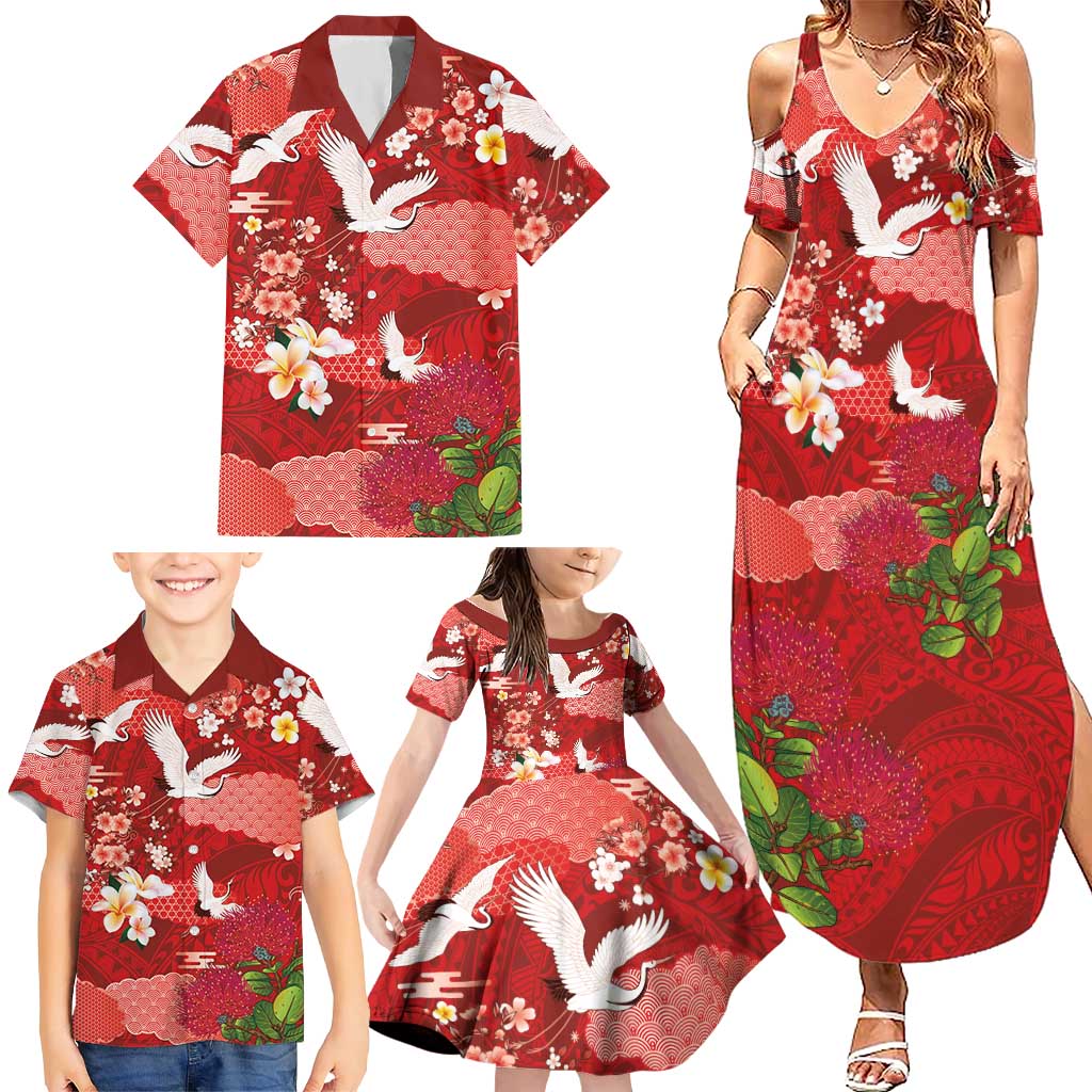 Hawaiian and Japanese Culture Together Family Matching Summer Maxi Dress and Hawaiian Shirt Red Ohia Lehua Plumeria and Sakura Blooming - Polynesian Pride