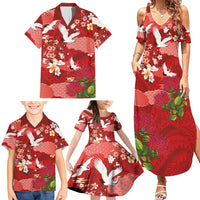 Hawaiian and Japanese Culture Together Family Matching Summer Maxi Dress and Hawaiian Shirt Red Ohia Lehua Plumeria and Sakura Blooming - Polynesian Pride