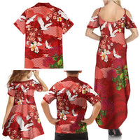 Hawaiian and Japanese Culture Together Family Matching Summer Maxi Dress and Hawaiian Shirt Red Ohia Lehua Plumeria and Sakura Blooming - Polynesian Pride