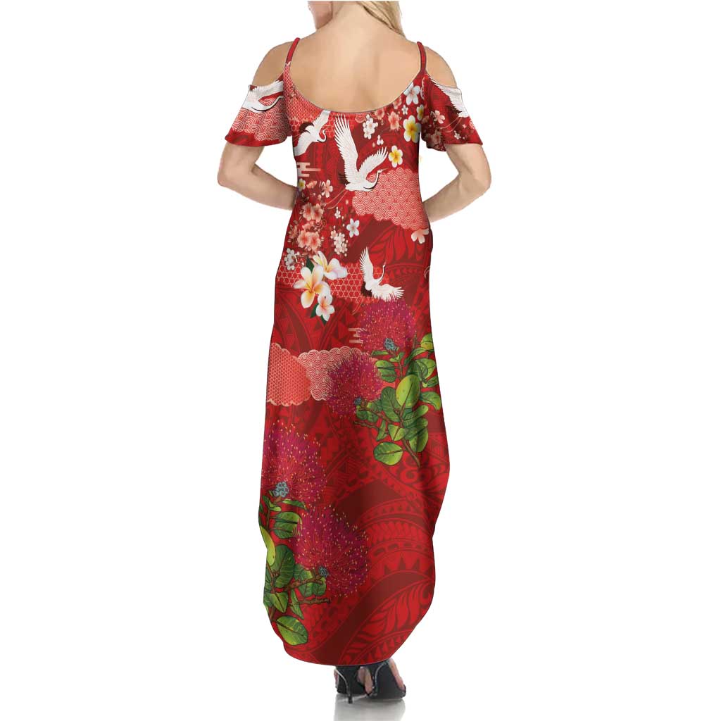 Hawaiian and Japanese Culture Together Family Matching Summer Maxi Dress and Hawaiian Shirt Red Ohia Lehua Plumeria and Sakura Blooming - Polynesian Pride