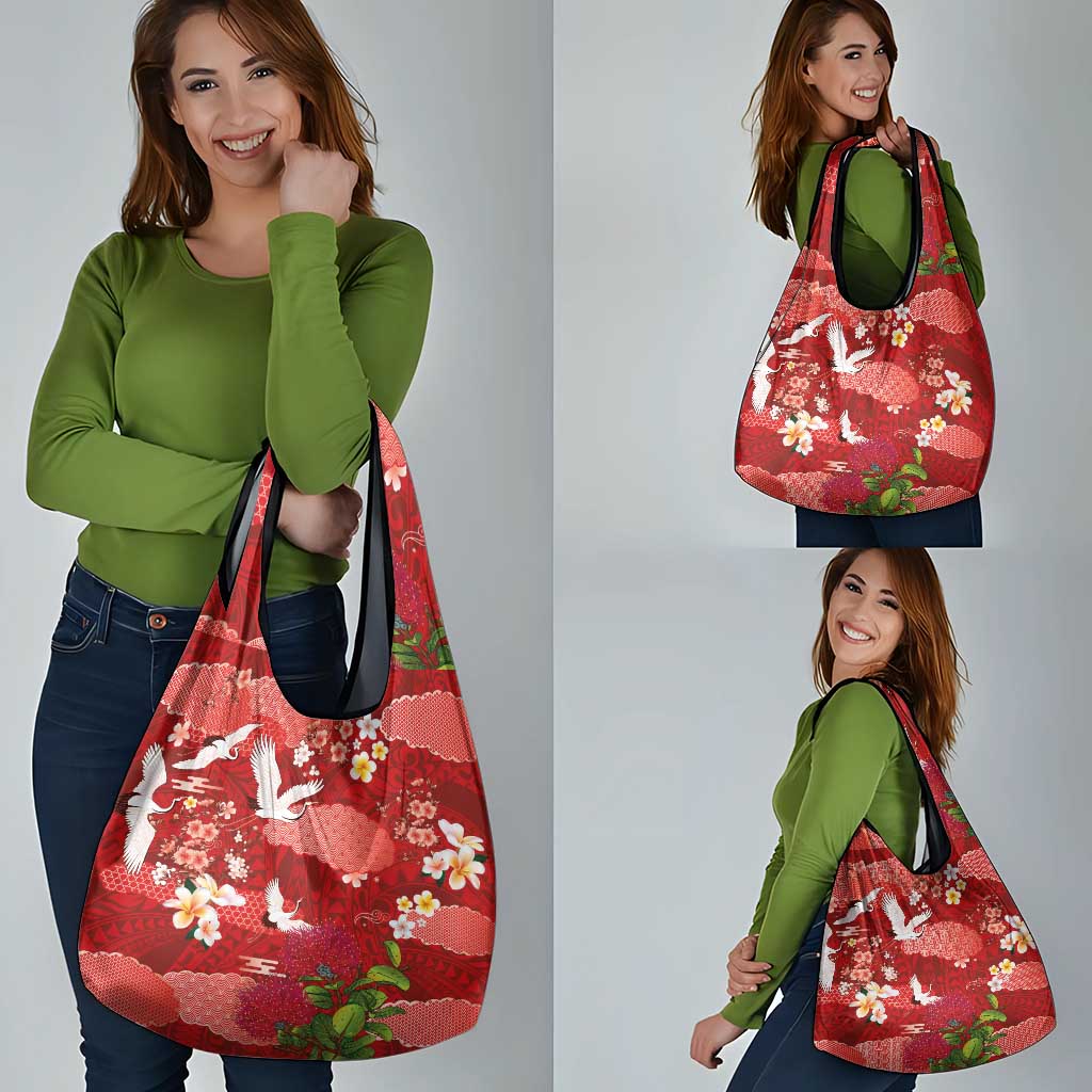 Hawaiian and Japanese Culture Together Grocery Bag Red Ohia Lehua Plumeria and Sakura Blooming - Polynesian Pride
