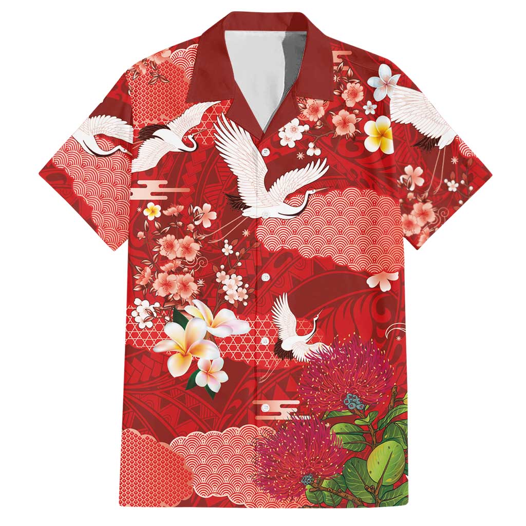 Hawaiian and Japanese Culture Together Hawaiian Shirt Red Ohia Lehua Plumeria and Sakura Blooming - Polynesian Pride
