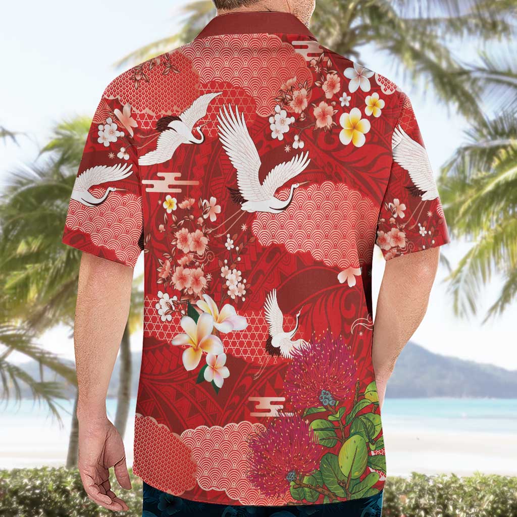 Hawaiian and Japanese Culture Together Hawaiian Shirt Red Ohia Lehua Plumeria and Sakura Blooming - Polynesian Pride