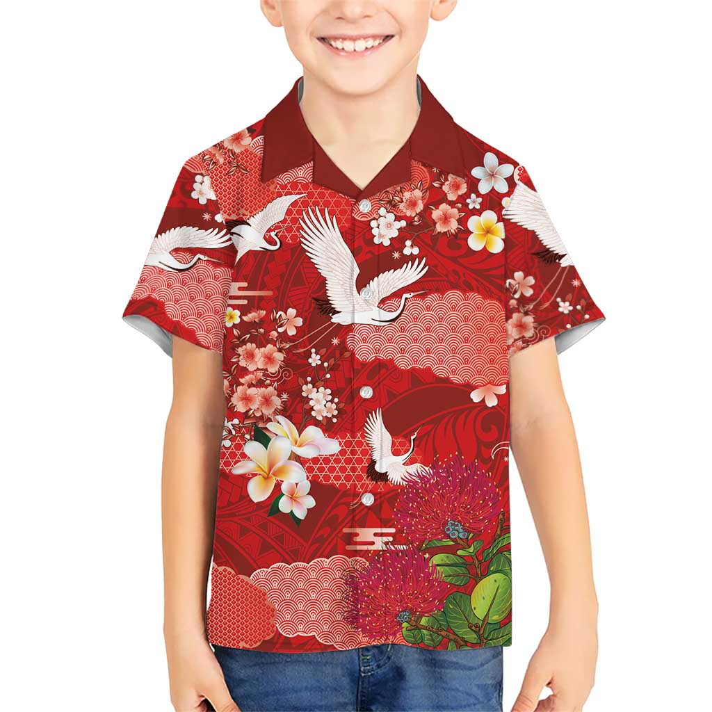 Hawaiian and Japanese Culture Together Hawaiian Shirt Red Ohia Lehua Plumeria and Sakura Blooming - Polynesian Pride