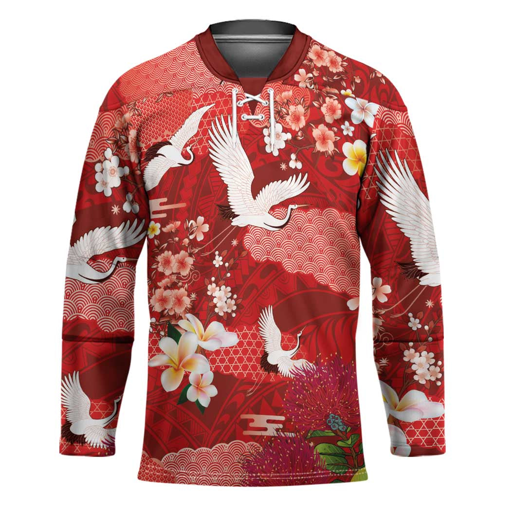 Hawaiian and Japanese Culture Together Hockey Jersey Red Ohia Lehua Plumeria and Sakura Blooming - Polynesian Pride