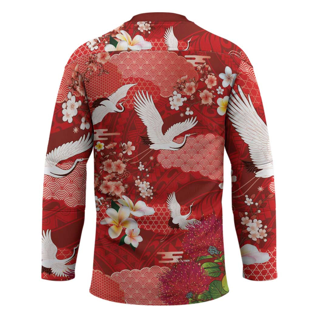 Hawaiian and Japanese Culture Together Hockey Jersey Red Ohia Lehua Plumeria and Sakura Blooming - Polynesian Pride