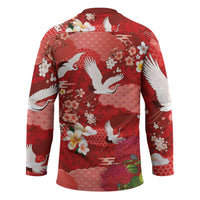 Hawaiian and Japanese Culture Together Hockey Jersey Red Ohia Lehua Plumeria and Sakura Blooming - Polynesian Pride