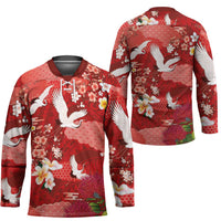 Hawaiian and Japanese Culture Together Hockey Jersey Red Ohia Lehua Plumeria and Sakura Blooming - Polynesian Pride