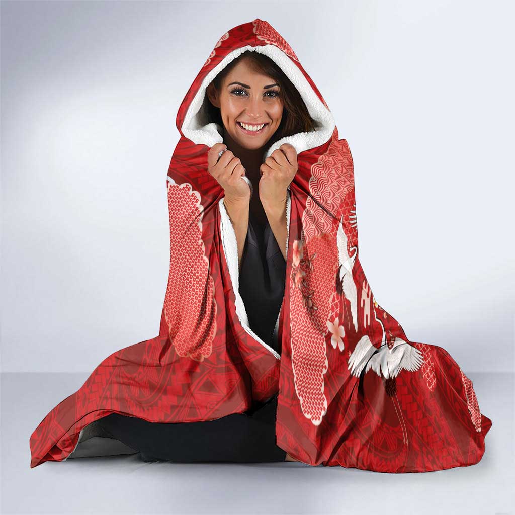 Hawaiian and Japanese Culture Together Hooded Blanket Red Ohia Lehua Plumeria and Sakura Blooming - Polynesian Pride