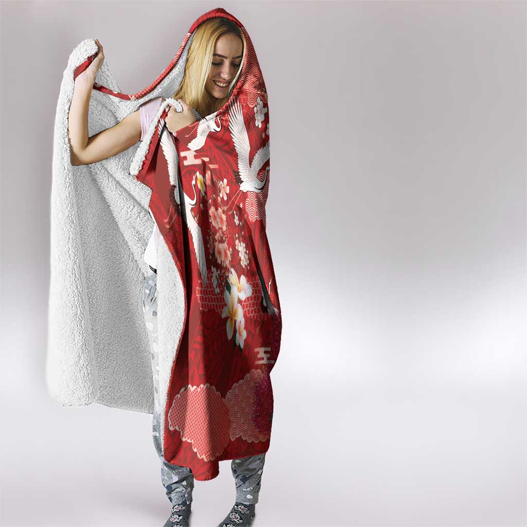 Hawaiian and Japanese Culture Together Hooded Blanket Red Ohia Lehua Plumeria and Sakura Blooming - Polynesian Pride