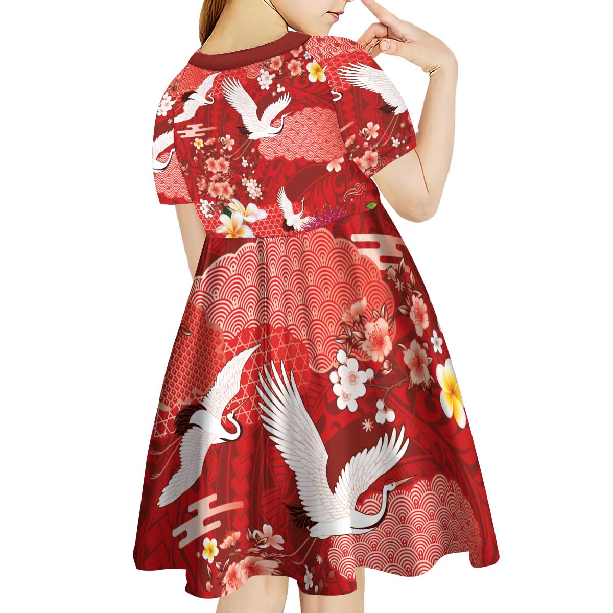 Hawaiian and Japanese Culture Together Kid Short Sleeve Dress Red Ohia Lehua Plumeria and Sakura Blooming - Polynesian Pride