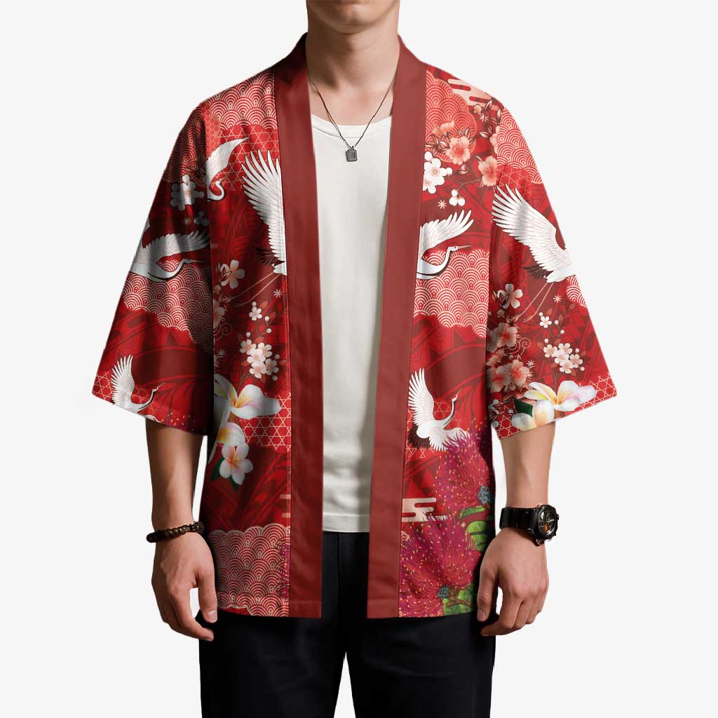 Hawaiian and Japanese Culture Together Kimono Red Ohia Lehua Plumeria and Sakura Blooming - Polynesian Pride