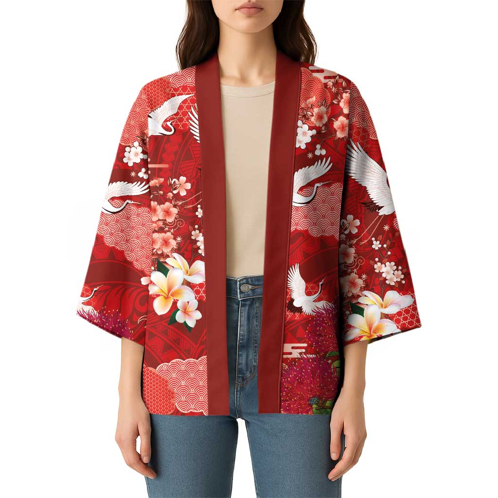 Hawaiian and Japanese Culture Together Kimono Red Ohia Lehua Plumeria and Sakura Blooming - Polynesian Pride