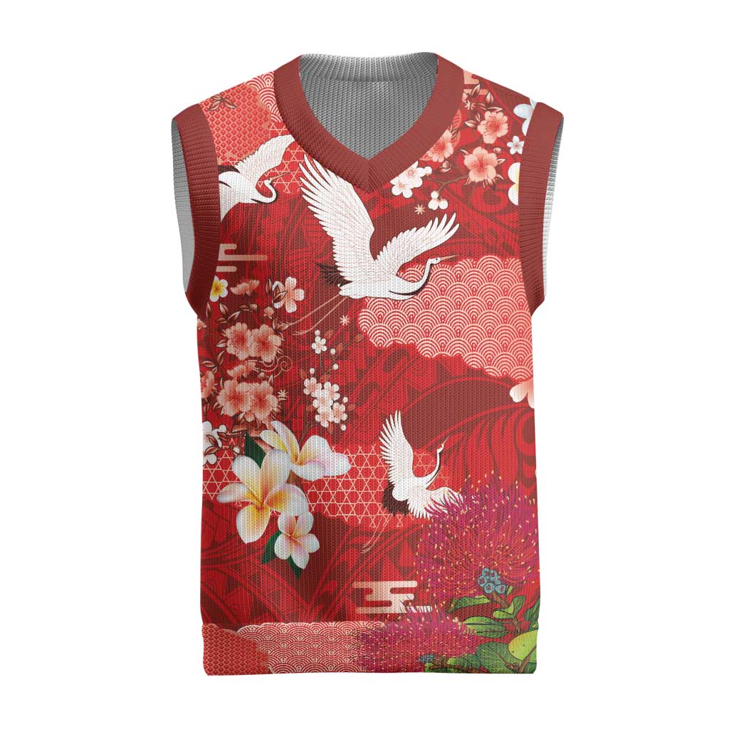 Hawaiian and Japanese Culture Together Christmas Knitted V-Neck Vest Red Ohia Lehua Plumeria and Sakura Blooming LT03 Red - Polynesian Pride