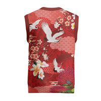 Hawaiian and Japanese Culture Together Christmas Knitted V-Neck Vest Red Ohia Lehua Plumeria and Sakura Blooming LT03 - Polynesian Pride