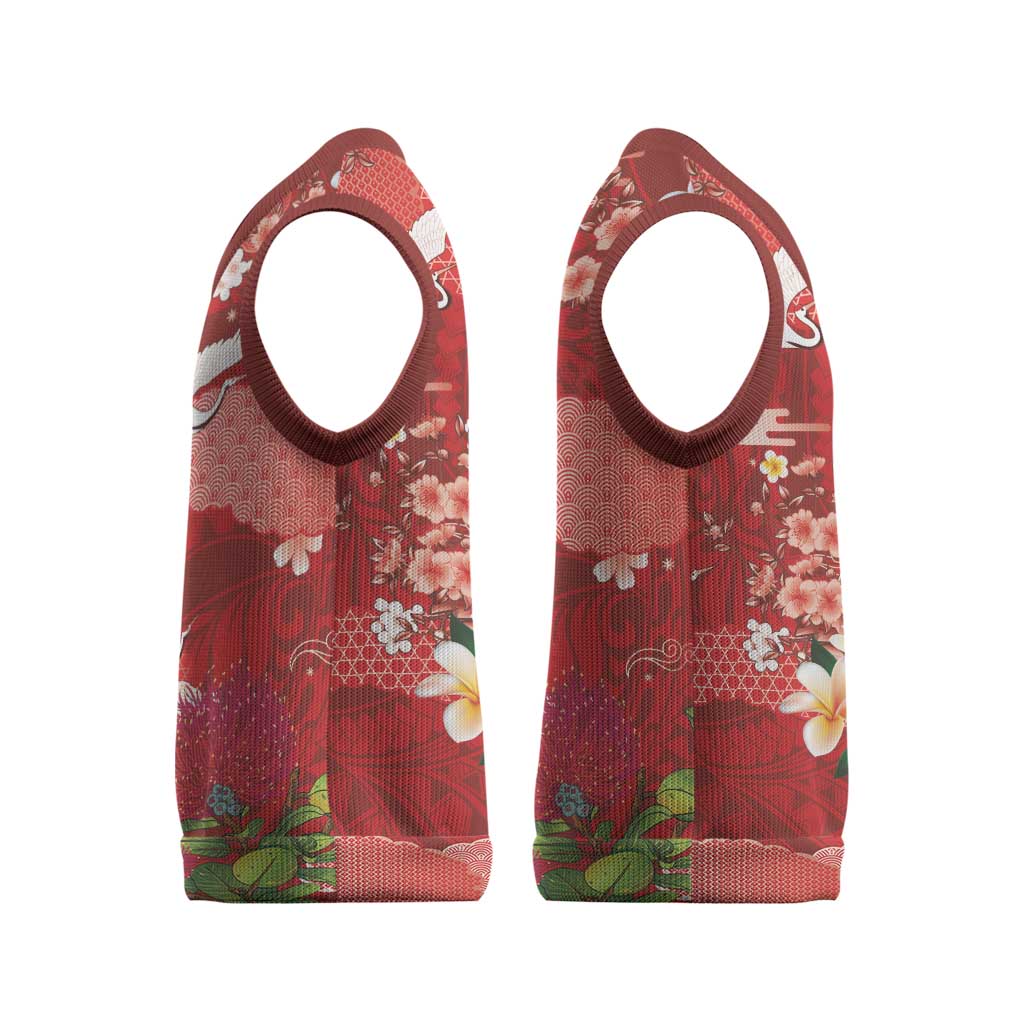 Hawaiian and Japanese Culture Together Christmas Knitted V-Neck Vest Red Ohia Lehua Plumeria and Sakura Blooming LT03 - Polynesian Pride