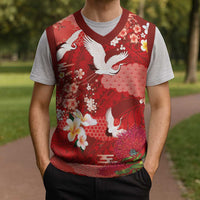 Hawaiian and Japanese Culture Together Christmas Knitted V-Neck Vest Red Ohia Lehua Plumeria and Sakura Blooming LT03 - Polynesian Pride