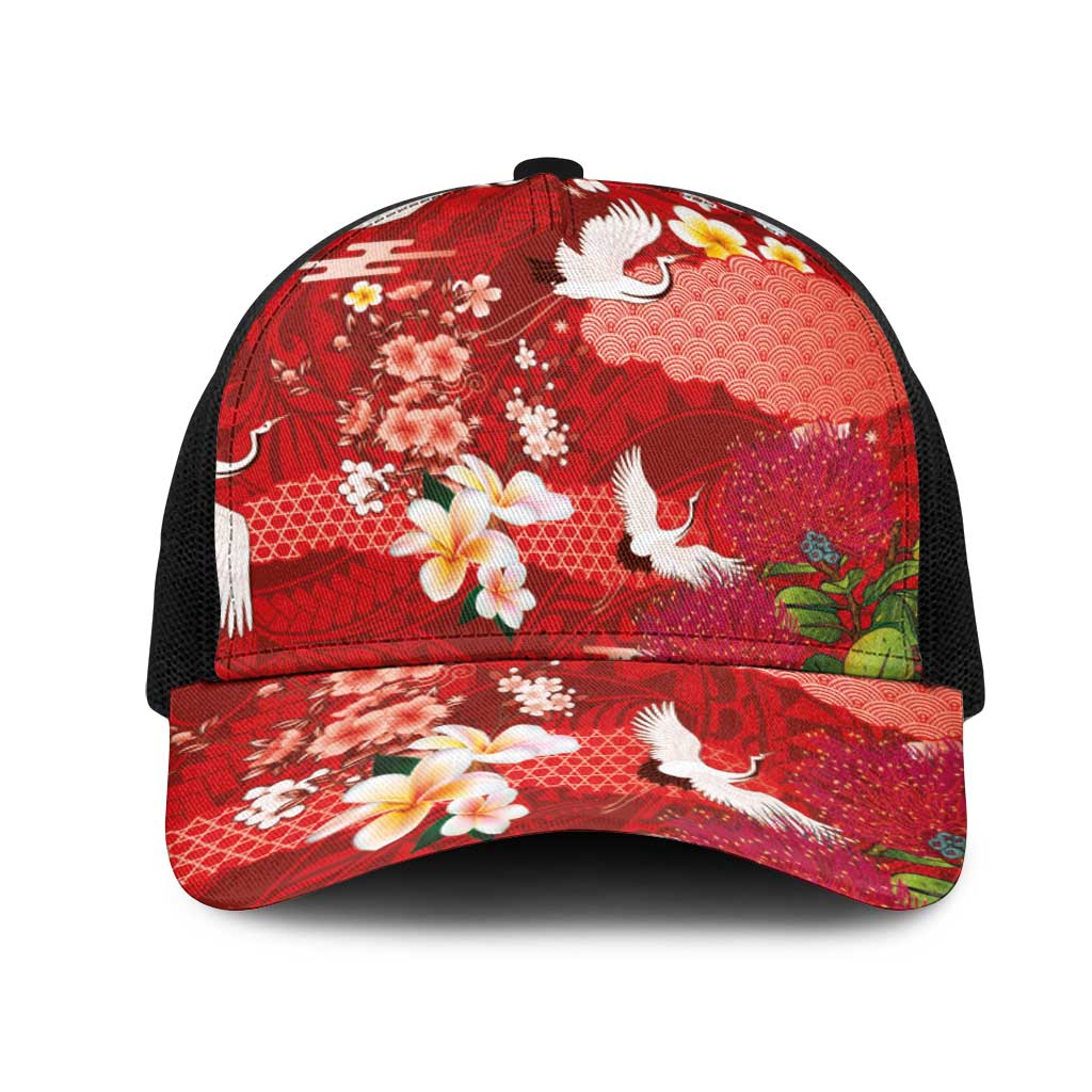 Hawaiian and Japanese Culture Together Mesh Trucker Cap Red Ohia Lehua Plumeria and Sakura Blooming - Polynesian Pride