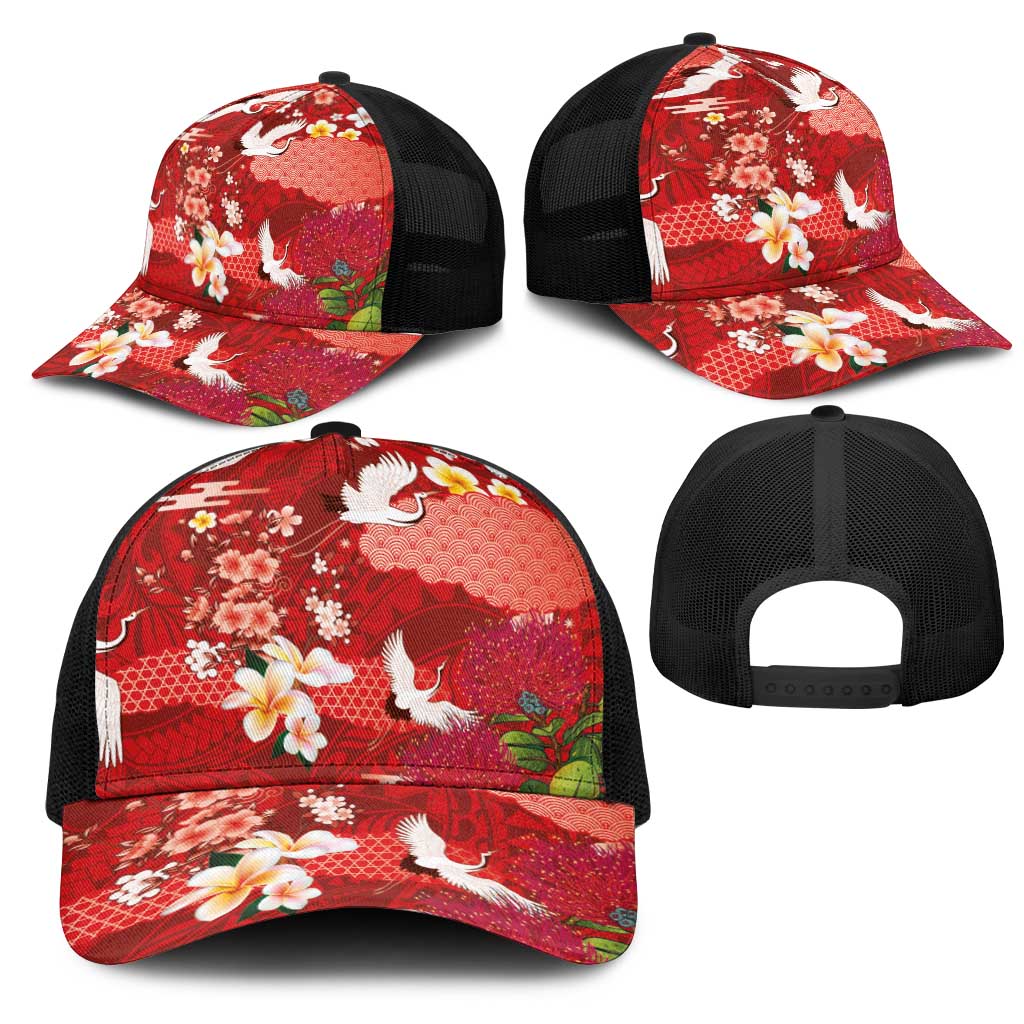 Hawaiian and Japanese Culture Together Mesh Trucker Cap Red Ohia Lehua Plumeria and Sakura Blooming - Polynesian Pride
