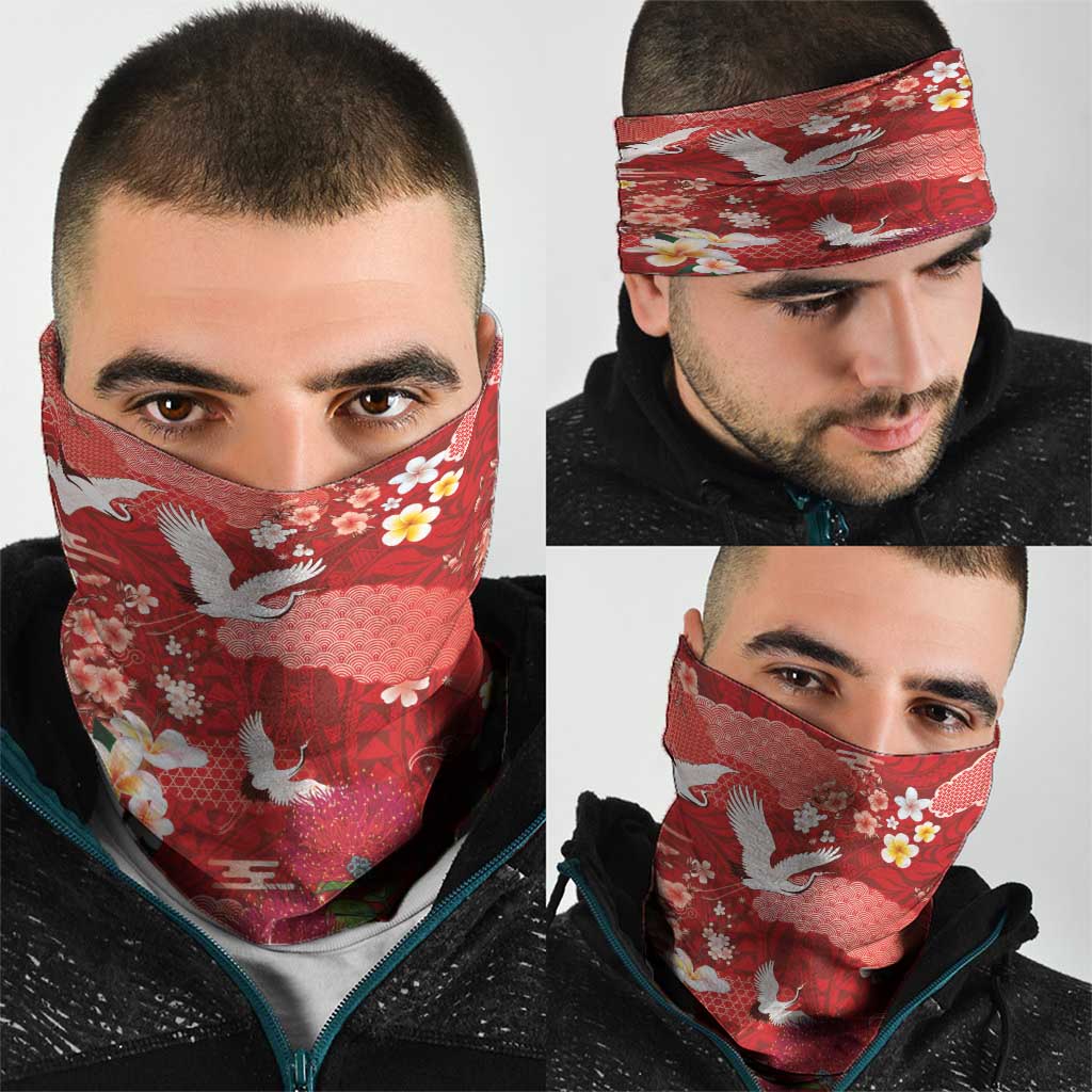 Hawaiian and Japanese Culture Together Neck Gaiter Red Ohia Lehua Plumeria and Sakura Blooming - Polynesian Pride