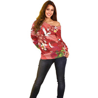 Hawaiian and Japanese Culture Together Off Shoulder Sweater Red Ohia Lehua Plumeria and Sakura Blooming - Polynesian Pride