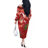 Hawaiian and Japanese Culture Together Off The Shoulder Long Sleeve Dress Red Ohia Lehua Plumeria and Sakura Blooming - Polynesian Pride