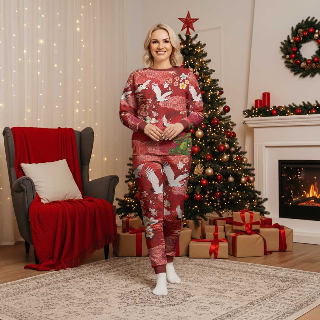 Hawaiian and Japanese Culture Together Christmas Pajama Set Red Ohia Lehua Plumeria and Sakura Blooming - Polynesian Pride