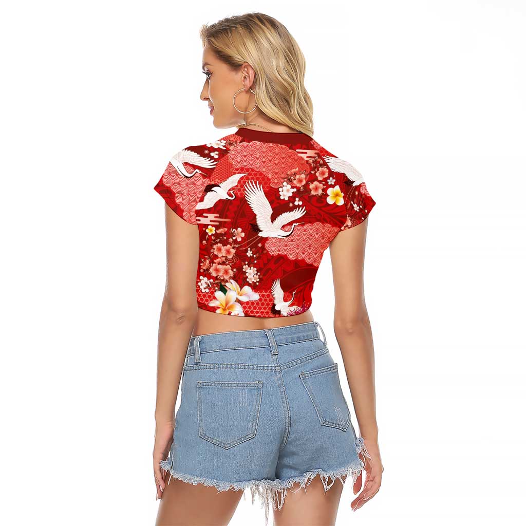 Hawaiian and Japanese Culture Together Raglan Cropped T Shirt Red Ohia Lehua Plumeria and Sakura Blooming - Polynesian Pride