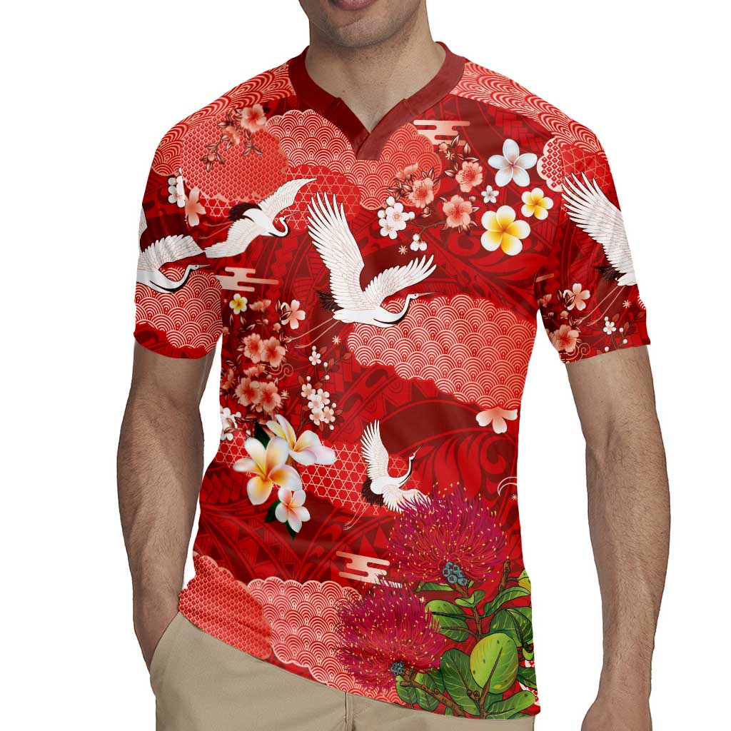 Hawaiian and Japanese Culture Together Rugby Jersey Red Ohia Lehua Plumeria and Sakura Blooming - Polynesian Pride