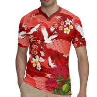 Hawaiian and Japanese Culture Together Rugby Jersey Red Ohia Lehua Plumeria and Sakura Blooming - Polynesian Pride