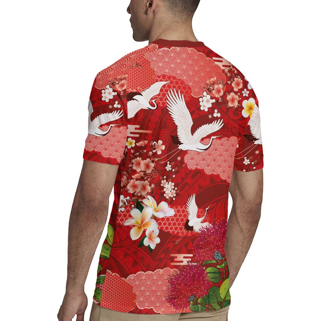 Hawaiian and Japanese Culture Together Rugby Jersey Red Ohia Lehua Plumeria and Sakura Blooming - Polynesian Pride