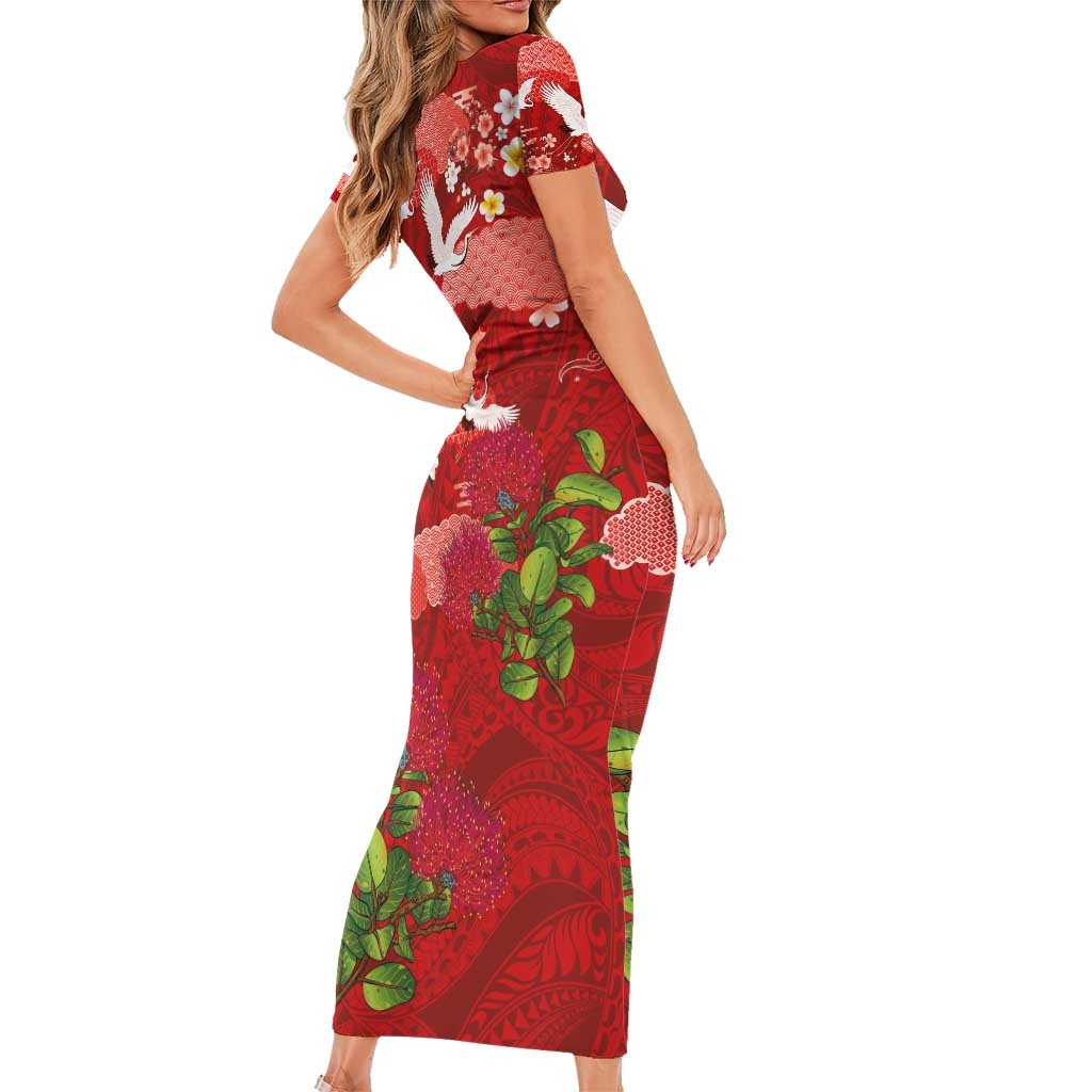 Hawaiian and Japanese Culture Together Short Sleeve Bodycon Dress Red Ohia Lehua Plumeria and Sakura Blooming - Polynesian Pride