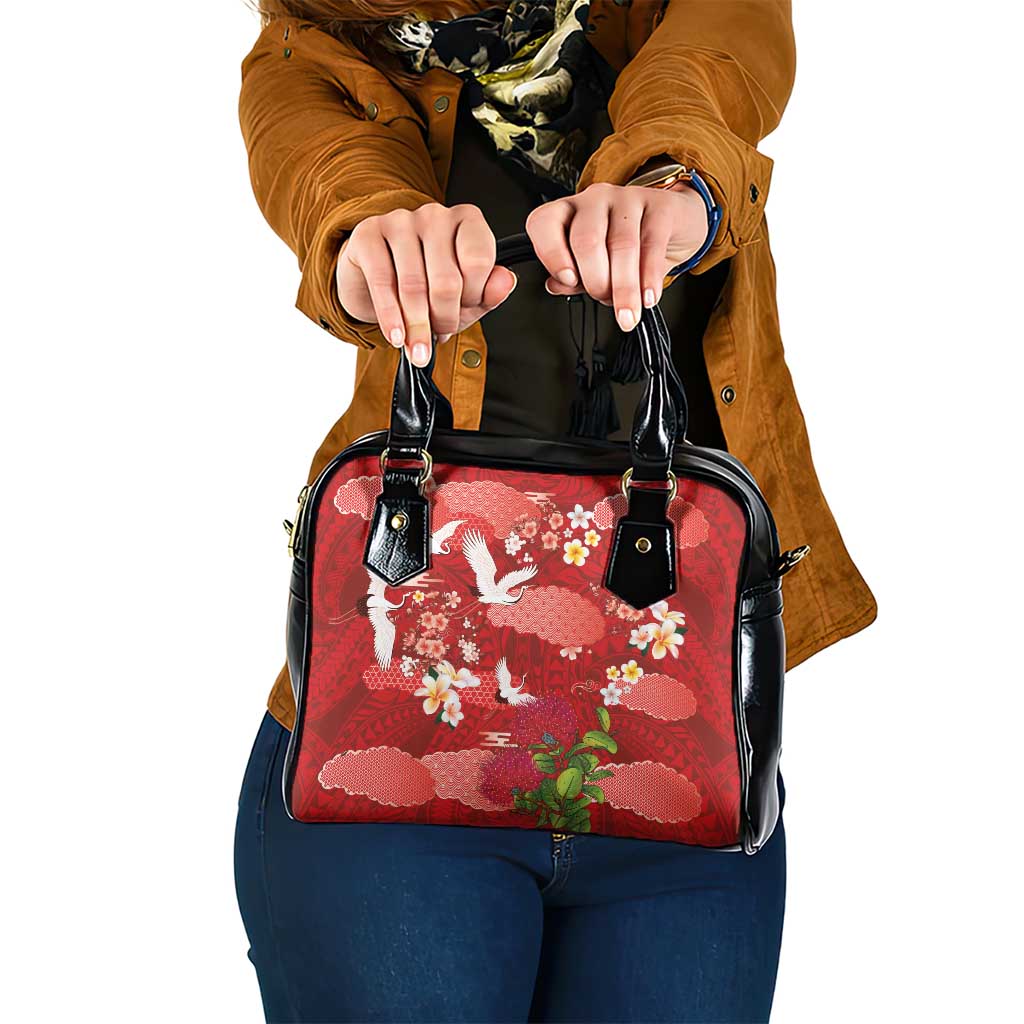 Hawaiian and Japanese Culture Together Shoulder Handbag Red Ohia Lehua Plumeria and Sakura Blooming LT03 One Size Red - Polynesian Pride