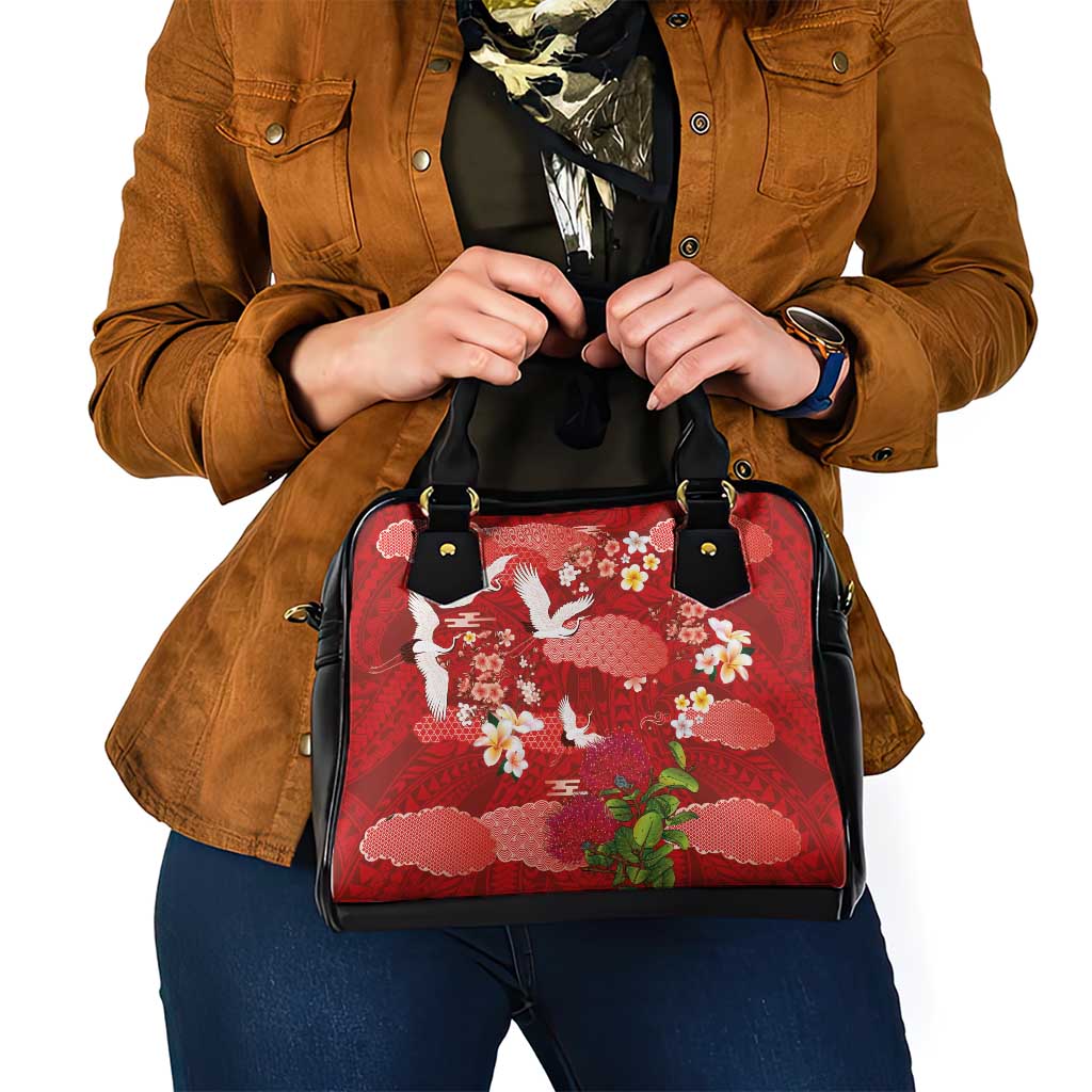 Hawaiian and Japanese Culture Together Shoulder Handbag Red Ohia Lehua Plumeria and Sakura Blooming LT03 - Polynesian Pride